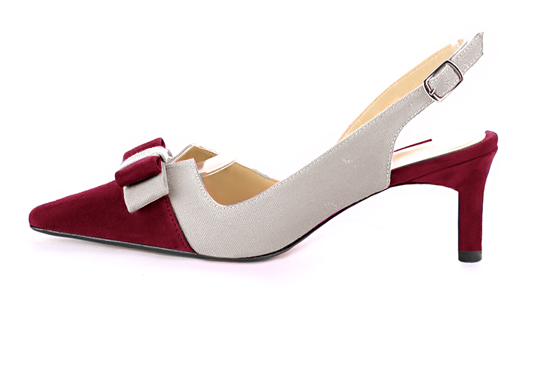 Burgundy red and pearl grey women's open back shoes, with a knot. Tapered toe. Medium slim heel. Profile view - Florence KOOIJMAN